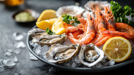Fresh seafood on ice with lemon, oysters, mussels and shrimp