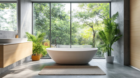 Interior of modern bathroom with white bathtub, panoramic window and green plants. 3d rendering