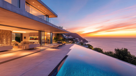Luxury villa overlooking the sea at sunset. Nobody insideの写真素材