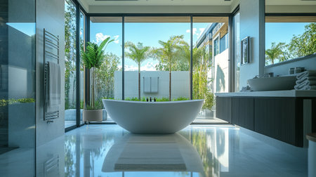 Interior of modern bathroom with white bathtub and panoramic windowsの写真素材