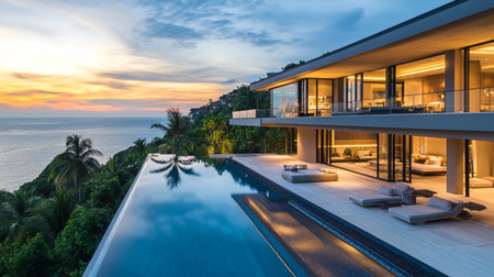 Luxury villa with swimming pool and sea view at sunset