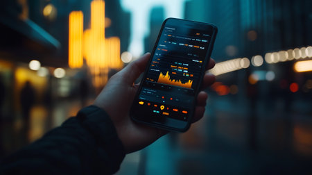 Man hand holding mobile phone with stock market chart on the screen.の写真素材