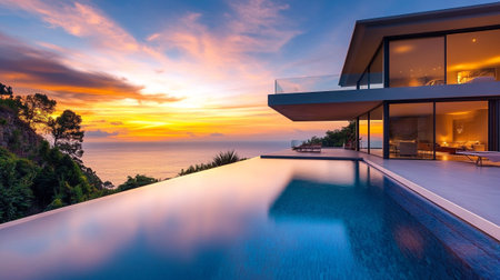 Luxury house with swimming pool and sea view at sunset time