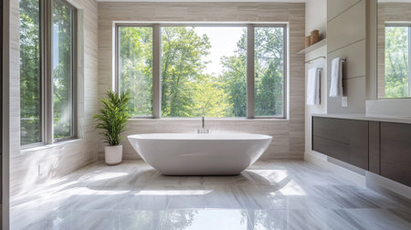 Interior of a modern bathroom with white bathtub and green plants