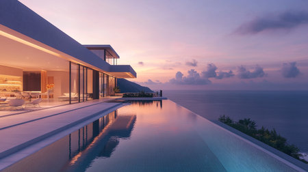 Luxury villa with swimming pool and sea view at sunset