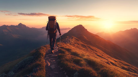Hiker with backpack and trekking poles in the mountains at sunsetの写真素材