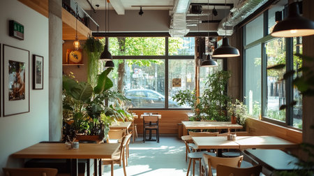 Interior of a modern cafe with tables, chairs and plants.