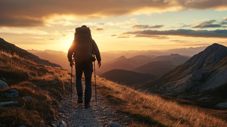 Hiker with backpack and trekking poles in the mountains at sunset