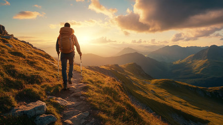 Hiker with backpack and trekking poles on top of the mountain at sunset