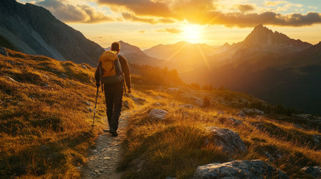 Hiker with backpack on the trail in the mountains at sunset.の写真素材
