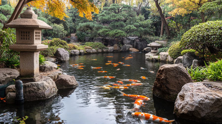 Koi fish swimming in the pond in the Japanese garden.の写真素材