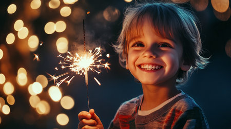 Happy little boy with sparklers on bokeh lights background.