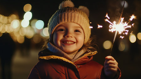 Portrait of a cute little girl with sparklers on the background of the night city.の写真素材