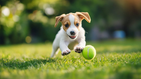 Jack Russell Terrier puppy playing with a tennis ball in the parkの写真素材