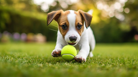Jack Russell Terrier puppy playing with a tennis ball in the garden