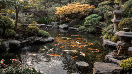 Koi fish in Japanese garden, japanese style garden.の写真素材
