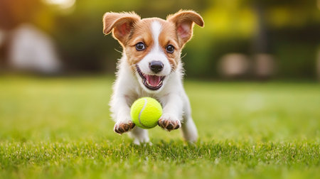 Jack Russell Terrier puppy playing with a tennis ball on the grass