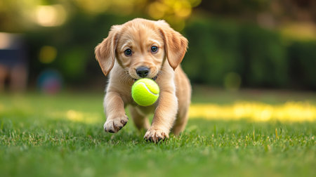 Adorable Golden Retriever puppy playing with a tennis ball in the gardenの写真素材