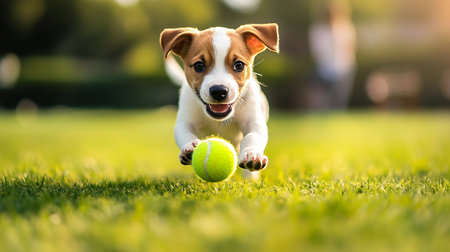 Jack Russell Terrier puppy playing with a tennis ball on green grass