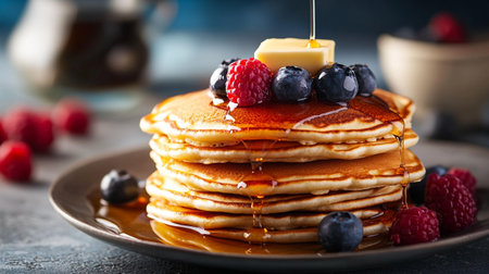Pancakes with honey and berries on a plate, selective focus.