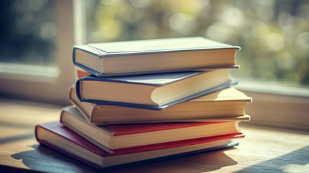 Books on a wooden table in the sunlight. Selective focus.の写真素材