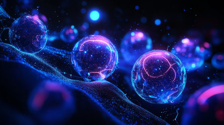 Abstract 3d rendering of glowing particles. Futuristic background with bokeh lights.の写真素材