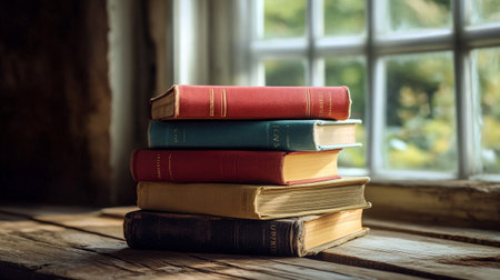 Stack of old books on a wooden table in front of the windowの写真素材