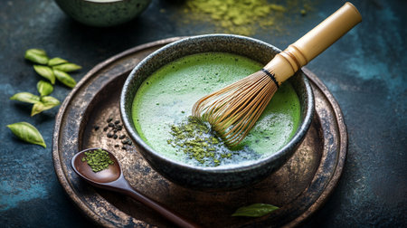 Matcha green tea powder in bowl and whisk on dark rustic background