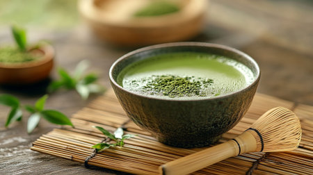 Matcha green tea in bowl and bamboo whisk on wooden table, closeupの写真素材