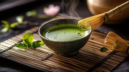 Matcha green tea in a bowl and whisk on a bamboo mat