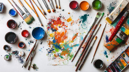 Paint brushes and paints on a white background, top view.の写真素材