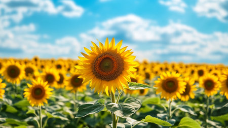 Field of blooming sunflowers on a background of blue sky