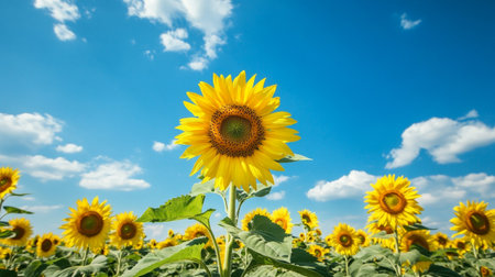 Sunflower field over cloudy blue sky background. Sunflower blooming in summer.の写真素材