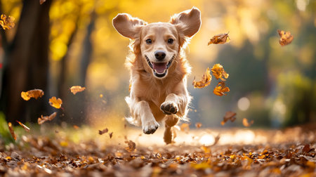 Golden Retriever dog running in the autumn park with fallen leavesの写真素材