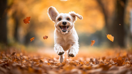 Cute dog jumping in the autumn leaves on a sunny day.の写真素材