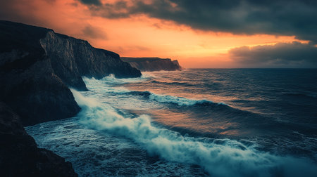 Dramatic seascape with stormy waves and cliffs.