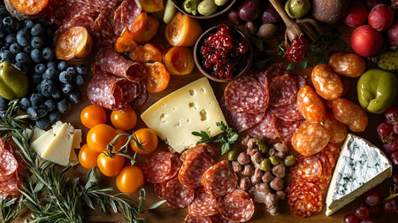 Antipasto background with salami, cheese, olives and vegetables