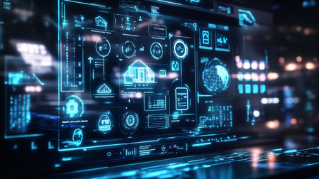 Futuristic interface with hologram screen and blurred background. 3D rendering