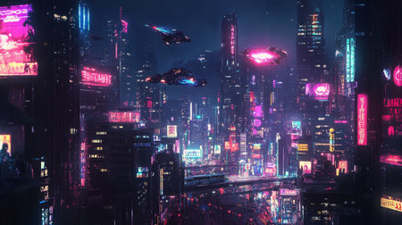 Night view of skyscrapers and neon lights in hongkong
