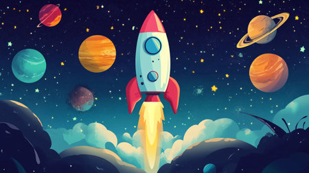 Rocket flying in the space with planets and stars. Vector illustration.