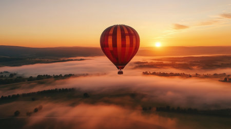 Hot air balloon flying over the foggy valley at sunrise.の写真素材