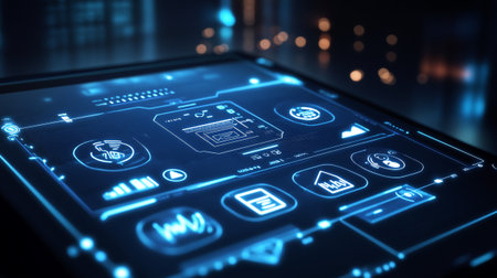 Close up of tablet with glowing business interface. 3D Rendering