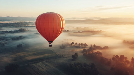 Hot air balloon flying over misty valley at sunrise, aerial viewの写真素材