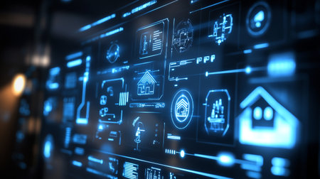 Digital blue glowing icons on dark background. Innovation and technology concept. 3D Rendering
