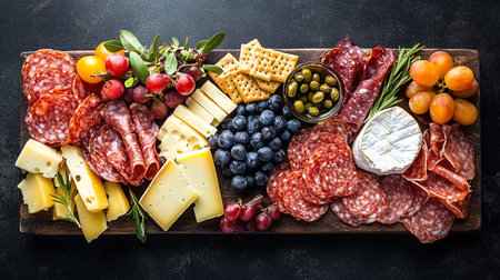 Antipasto platter with ham, salami, cheese and grapes
