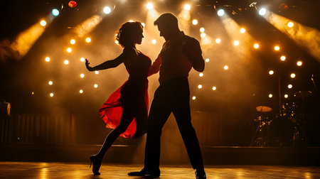 Couple dancing latin dance on stage with spotlights in backgroundの写真素材