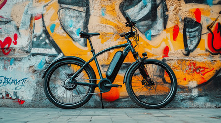 Bicycle parked in front of a wall with graffiti in the background