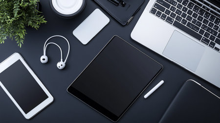 Top view of modern workplace with tablet, laptop, smartphone, earphones and other items. Mock up