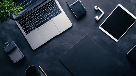 Top view of black office desk with laptop, tablet, smartphone and other objects