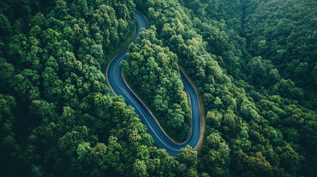 Aerial view of winding road in green forest. Beautiful landscape.